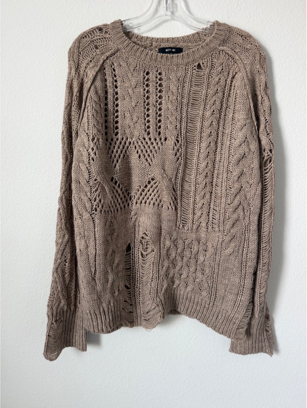 Miss Me Raglan Sleeve Crew Neck Wool Blend Cable Knit Distressed Sweater Size M